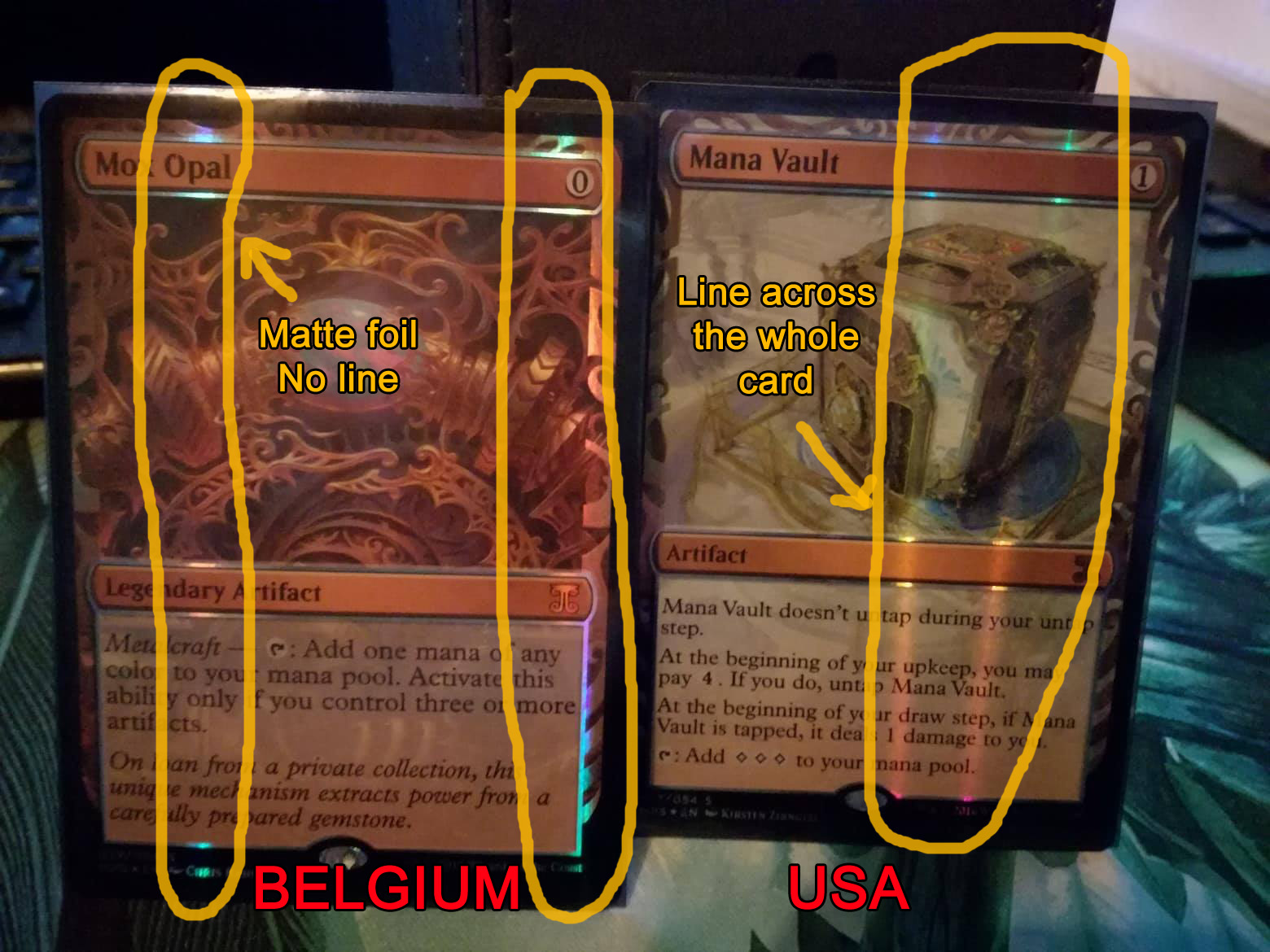 Two kaladesh masterpiece cards with foiling differences highlighted