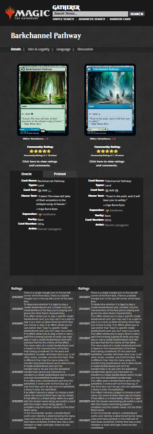 A screenshot of the Gatherer page for Barkchannel Pathway. The page shows information on both Barkchannel Pathway and the back face, Tidechannel Pathway.