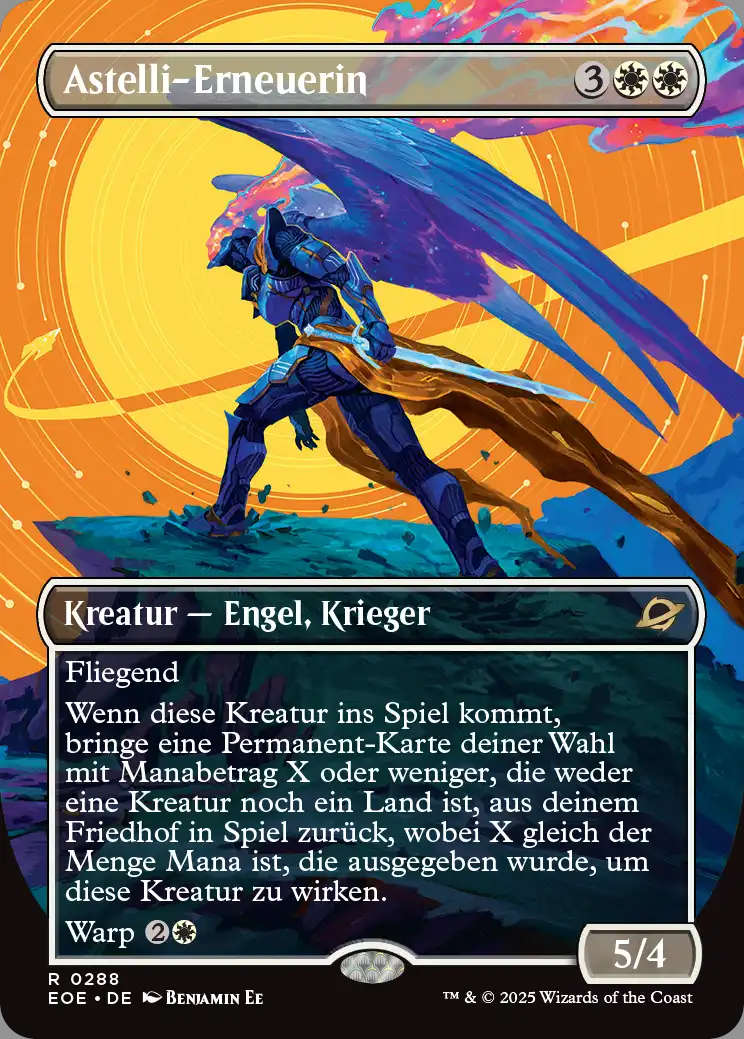 Die Triumph-Version der Astelli-Erneuerin. Die ausgelöste Fähigkeit enthält den Satzteil "aus deinem Friedhof in Spiel zurück".