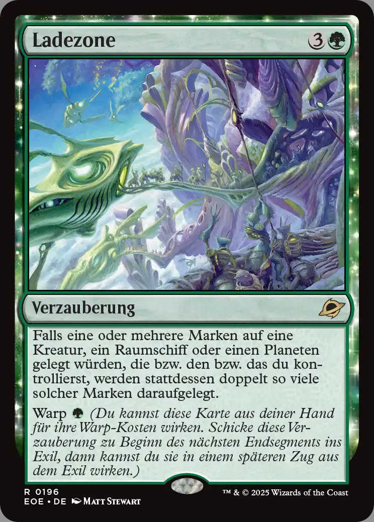 Die normale Version der Ladezone. Die statische Fähigkeit enthält die Aufzählung "eine Kreatur, ein Raumschiff oder einen Planeten", gefolgt von "die bzw. den bzw. das du kontrollierst".