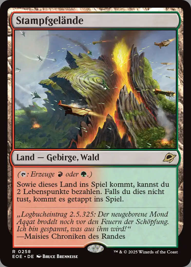 Die normale Version des Stampfgeländes. Der Anekdotentext enthält den Satz "Der neugeborene Mond Aqqat brodelt noch vor den Feuern der Schöpfung."