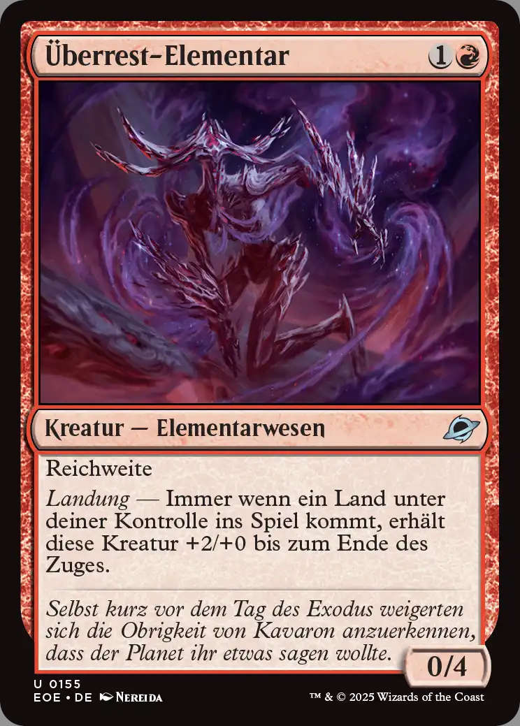 Der Anekdotentext des Überrest-Elementars lautet "Selbst kurz vor dem Tag des Exodus weigerten sich die Obrigkeit von Kavaron anzuerkennen, dass der Planet ihr etwas sagen wollte."