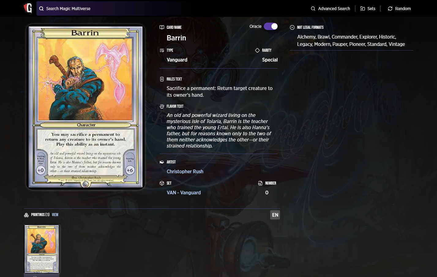 Screenshot of the Gatherer page for Barrin. It shows no information on the card's hand or life modifier.