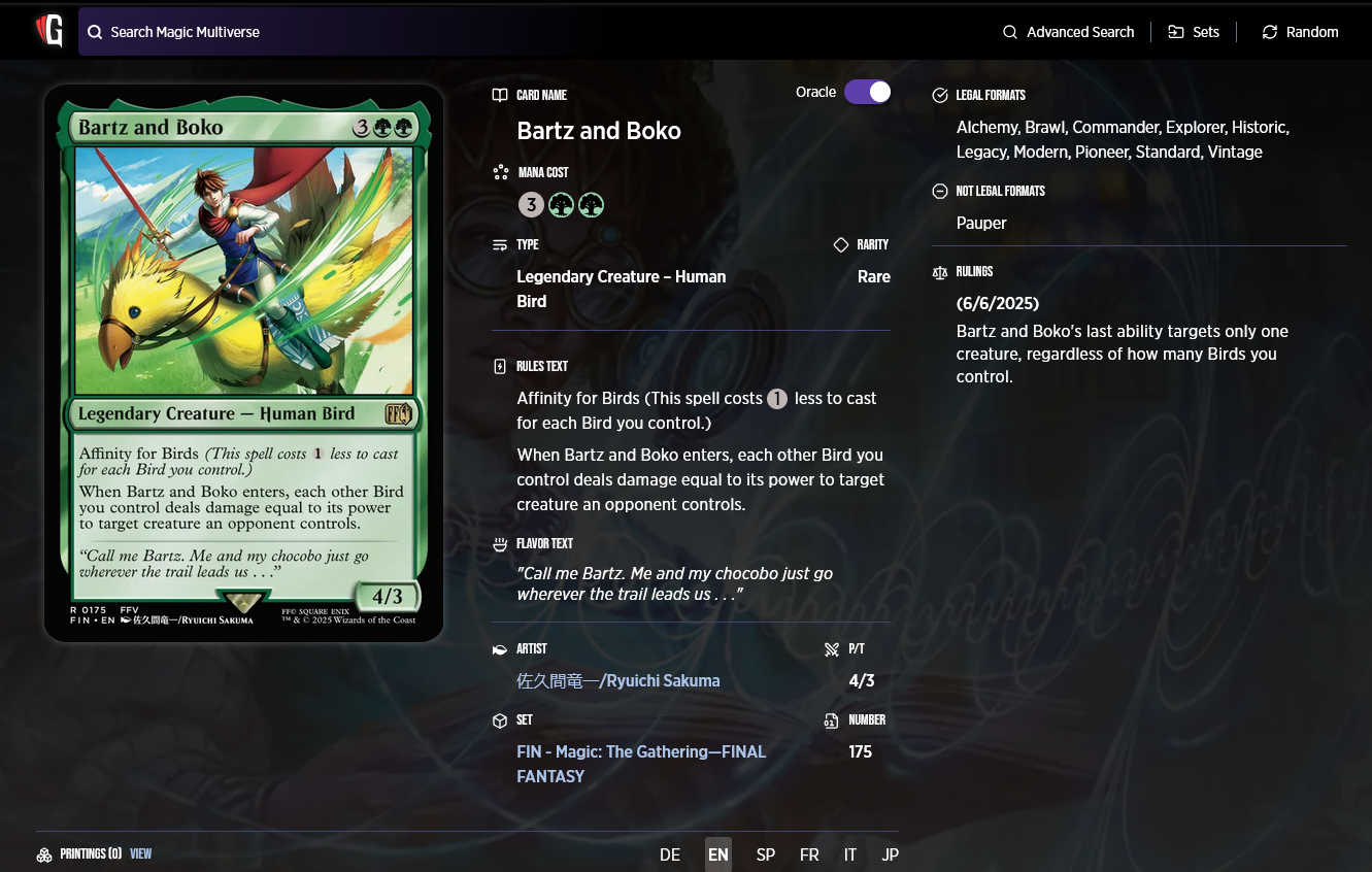 A screenshot of the Gatherer page for Bartz and Boko. The text describing the affinity ability is not italicized, making it rules text.