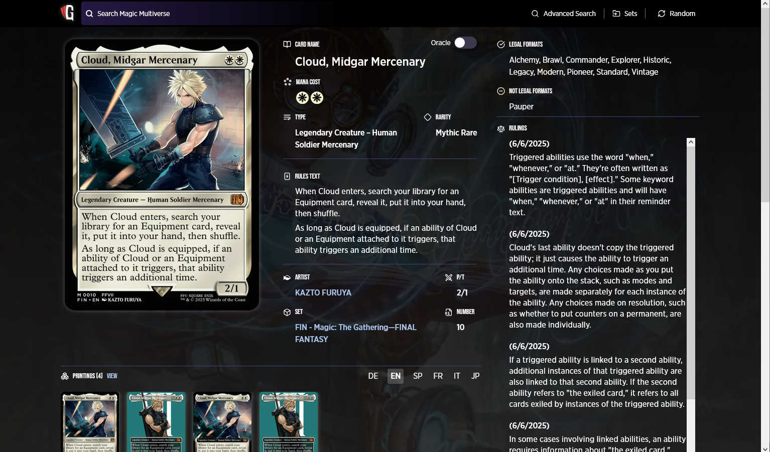 Screenshot of the Gatherer page for Cloud, Midgar Mercenary