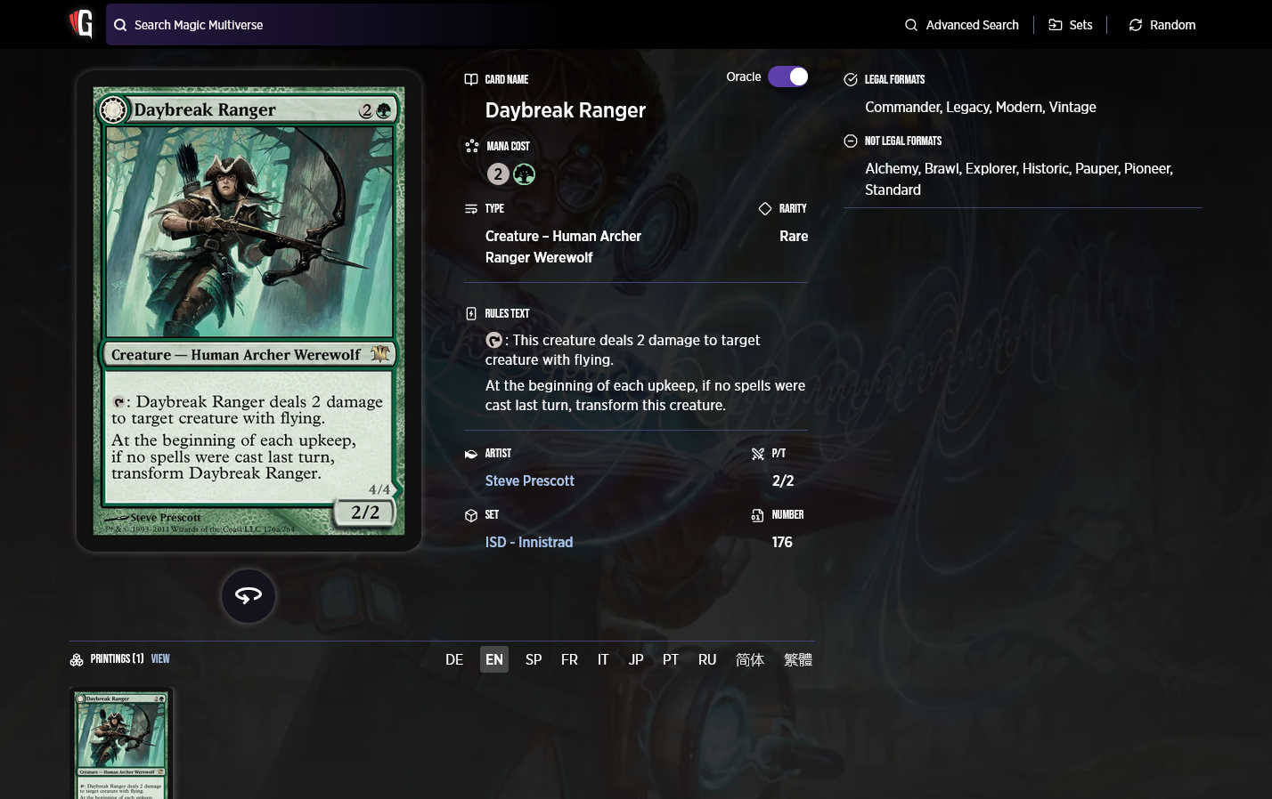 Screenshot of the Gatherer page for Daybreak Ranger. There is no link to the page for the back face, Nightfall Predator.