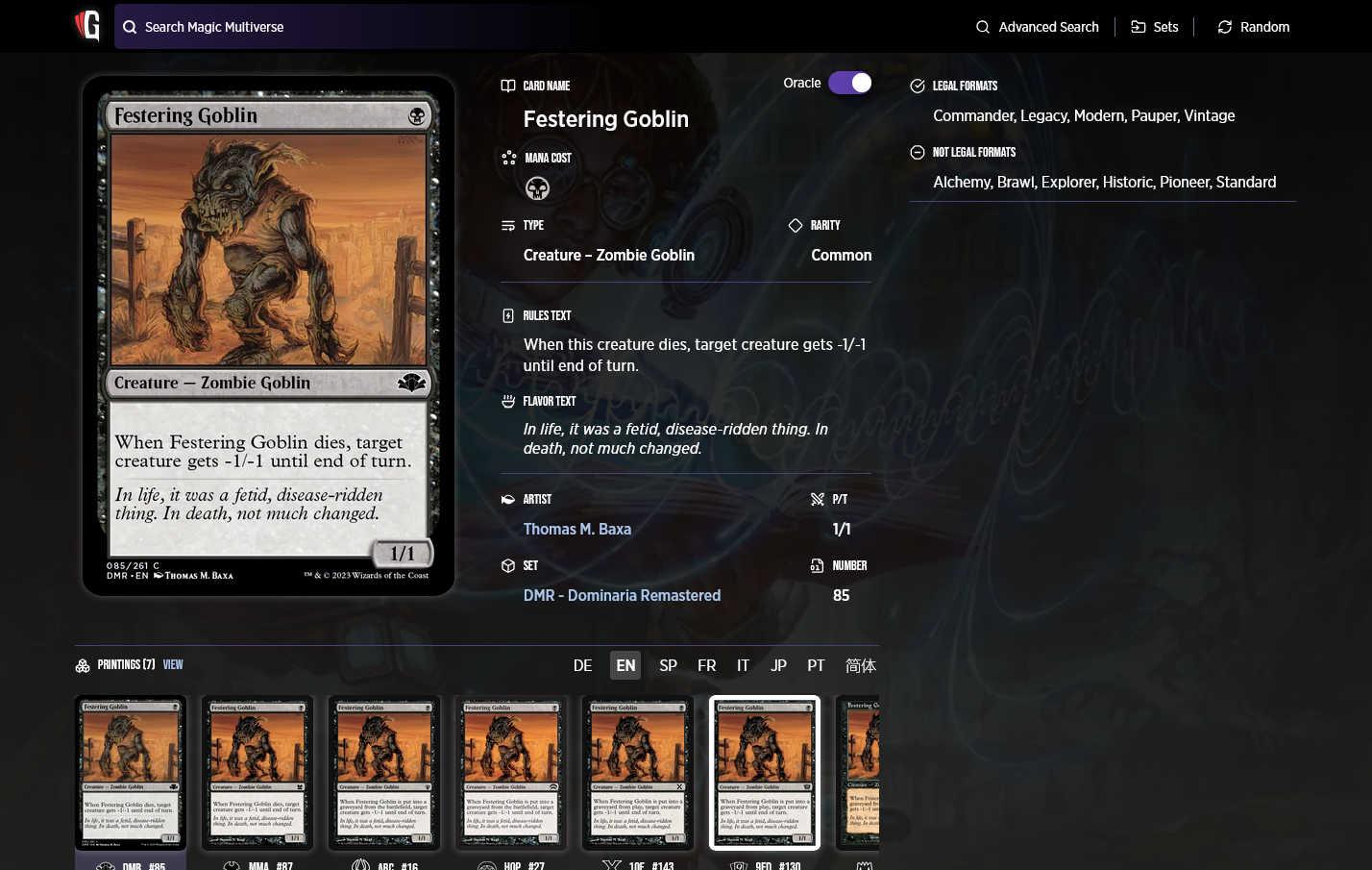 Screenshot of the Gatherer page for Festering Goblin. The Oracle rules text does not contain the word "Goblin."