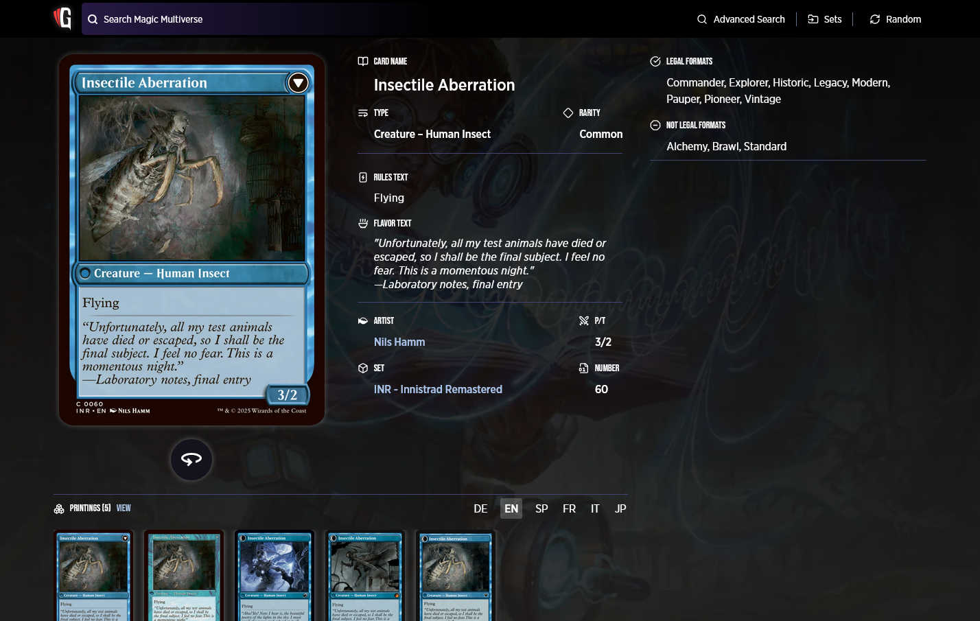 Screenshot of the Gatherer page for Insectile Aberration. It shows no information on the card's color indicator.
