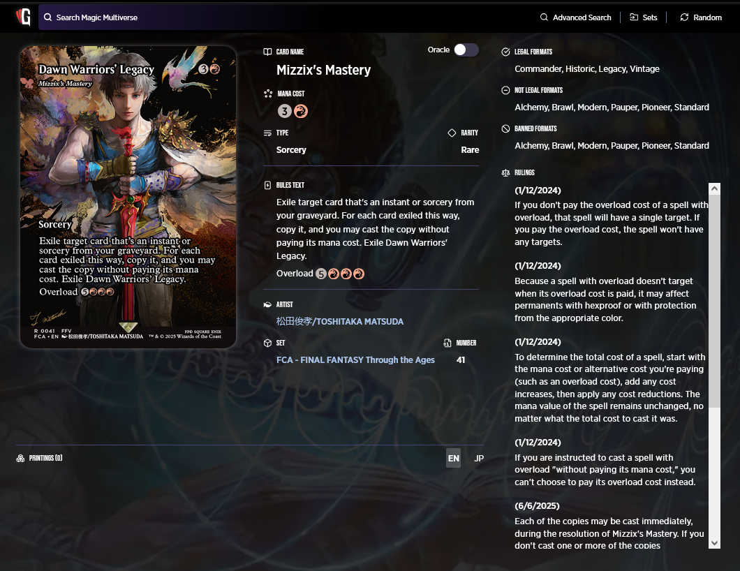 A screenshot of the Gatherer page for the FCA version of Mizzix's Mastery. The displayed rulings are different from those of older versions.
