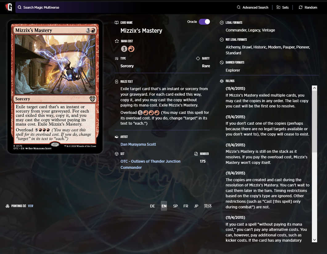 A screenshot of the Gatherer page for the OTC version of Mizzix's Mastery. The displayed rulings are different from those of the newer FCA version.