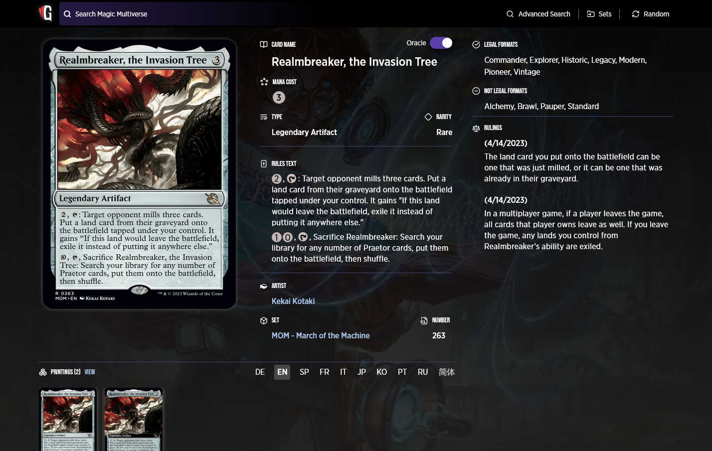 Screenshot of the Gatherer page for Realmbreaker, the Invasion Tree. The activation cost is displayed as one generic mana and zero mana, rather than ten generic mana.