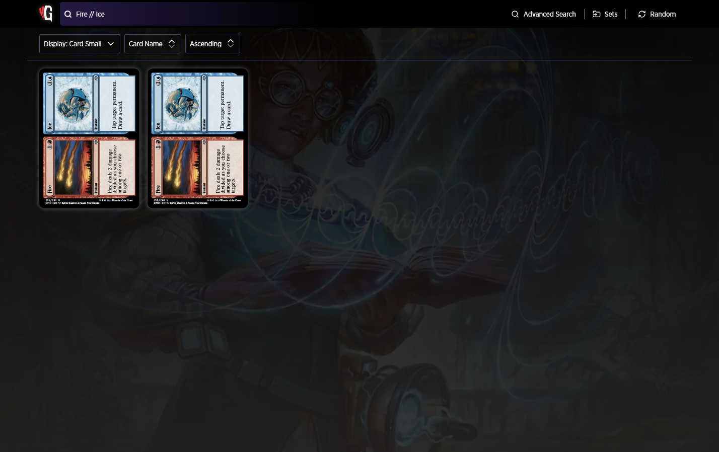 Screenshot of the Gatherer search result for "Fire // Ice". The two result entries are displayed as card images and look identical.