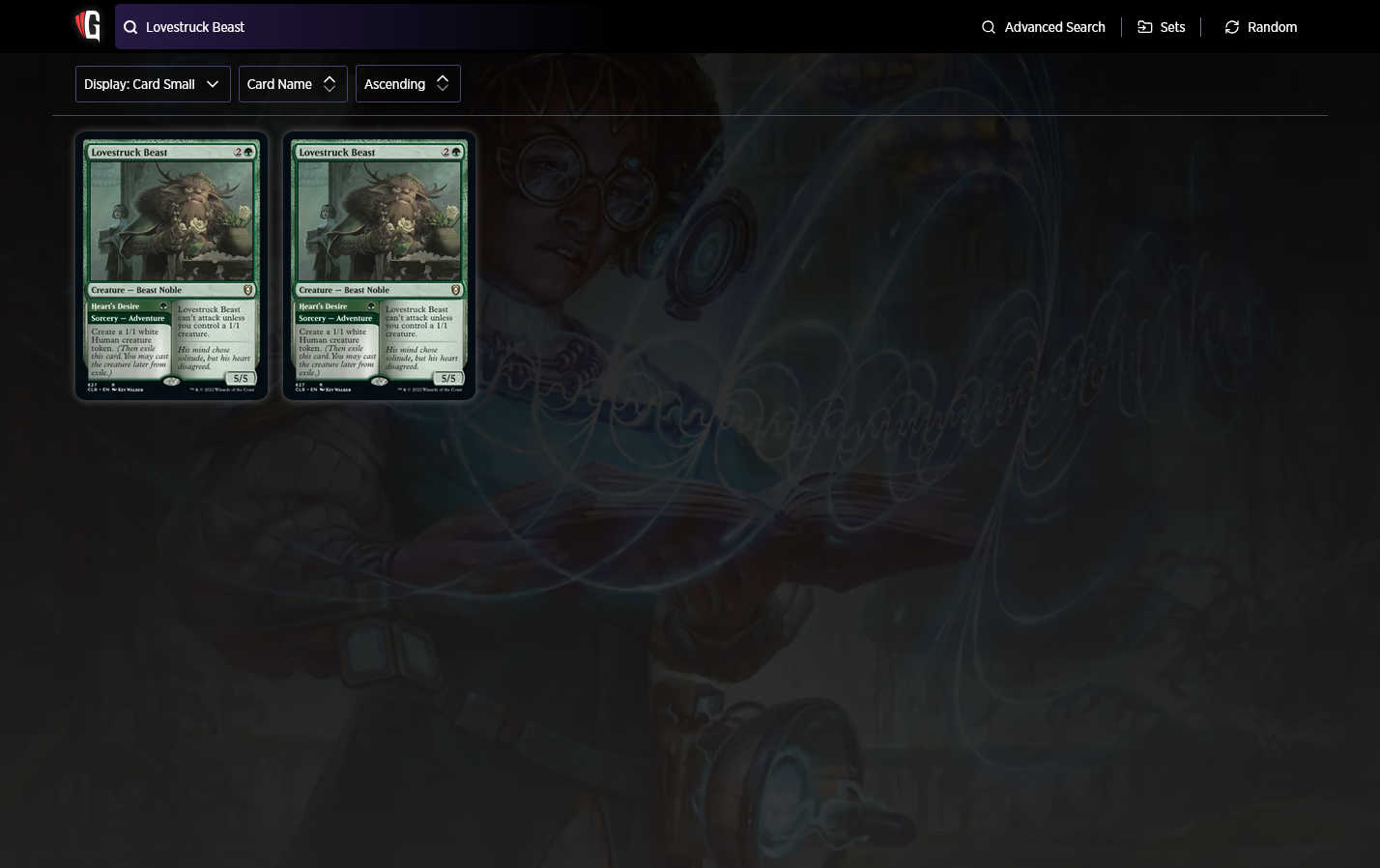 Screenshot of the Gatherer search result for "Lovestruck Beast". The two result entries are displayed as card images and look identical.