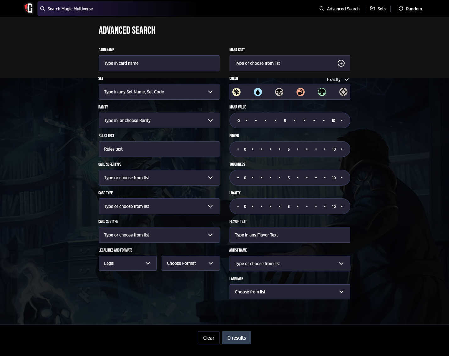 Screenshot of Gatherer's advanced search page