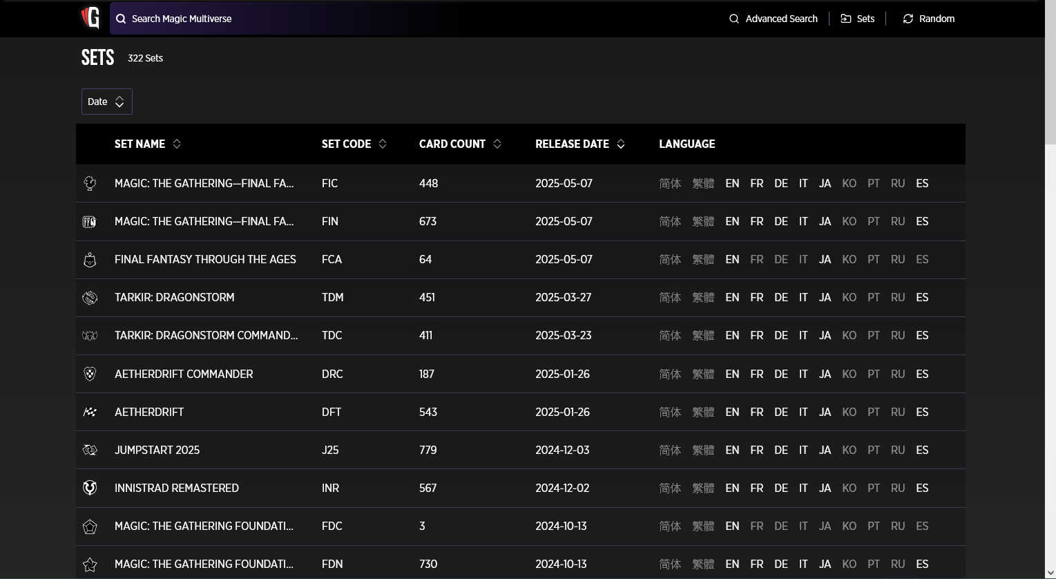 Screenshot of Gatherer's set list