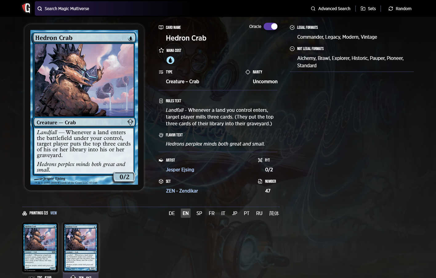 Screenshot of the Gatherer page for Hedron Crab. The reminder text is not italicized.