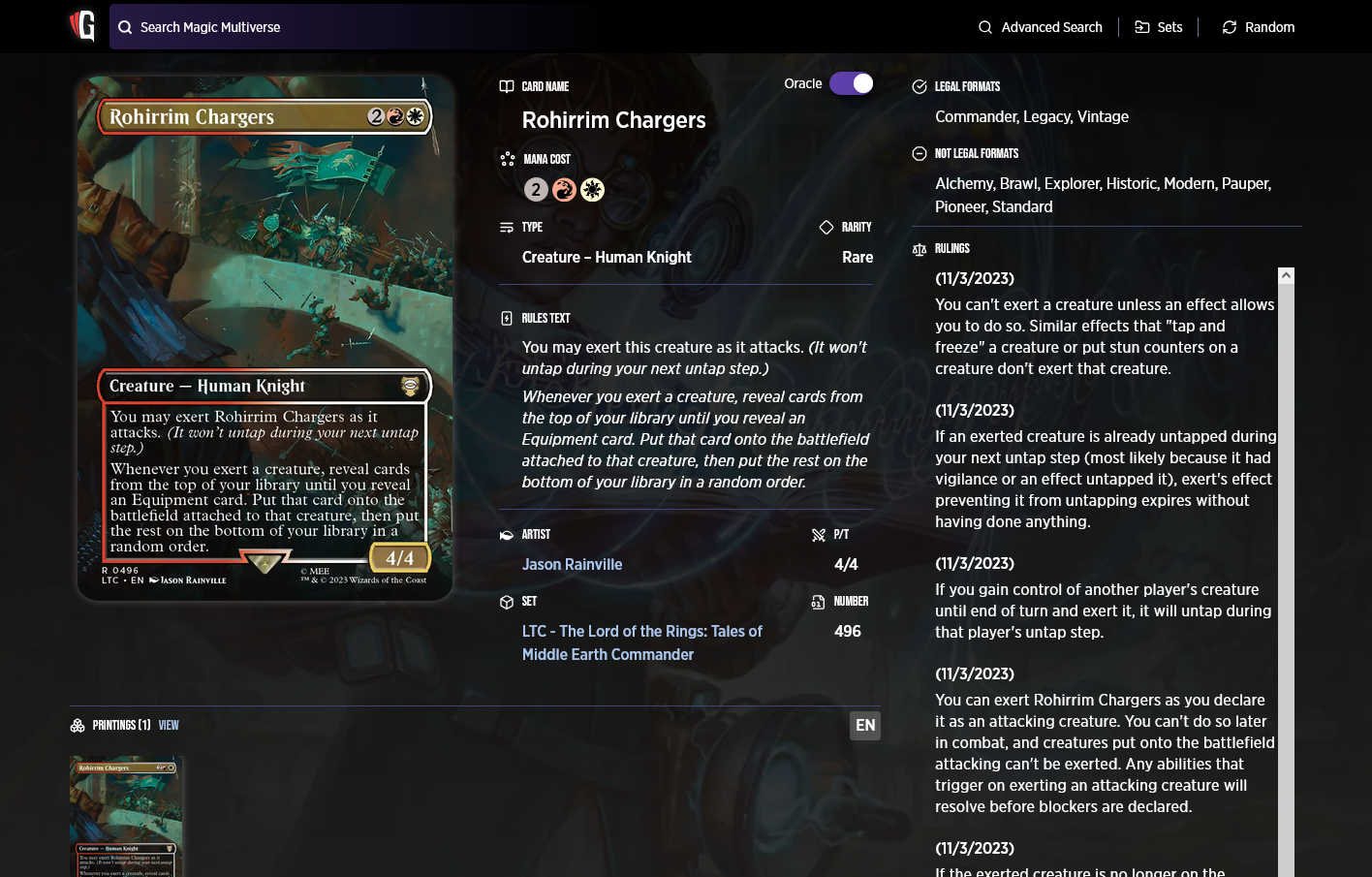 Screenshot of the Gatherer page for Rohirrim Chargers. The second ability is italicized.