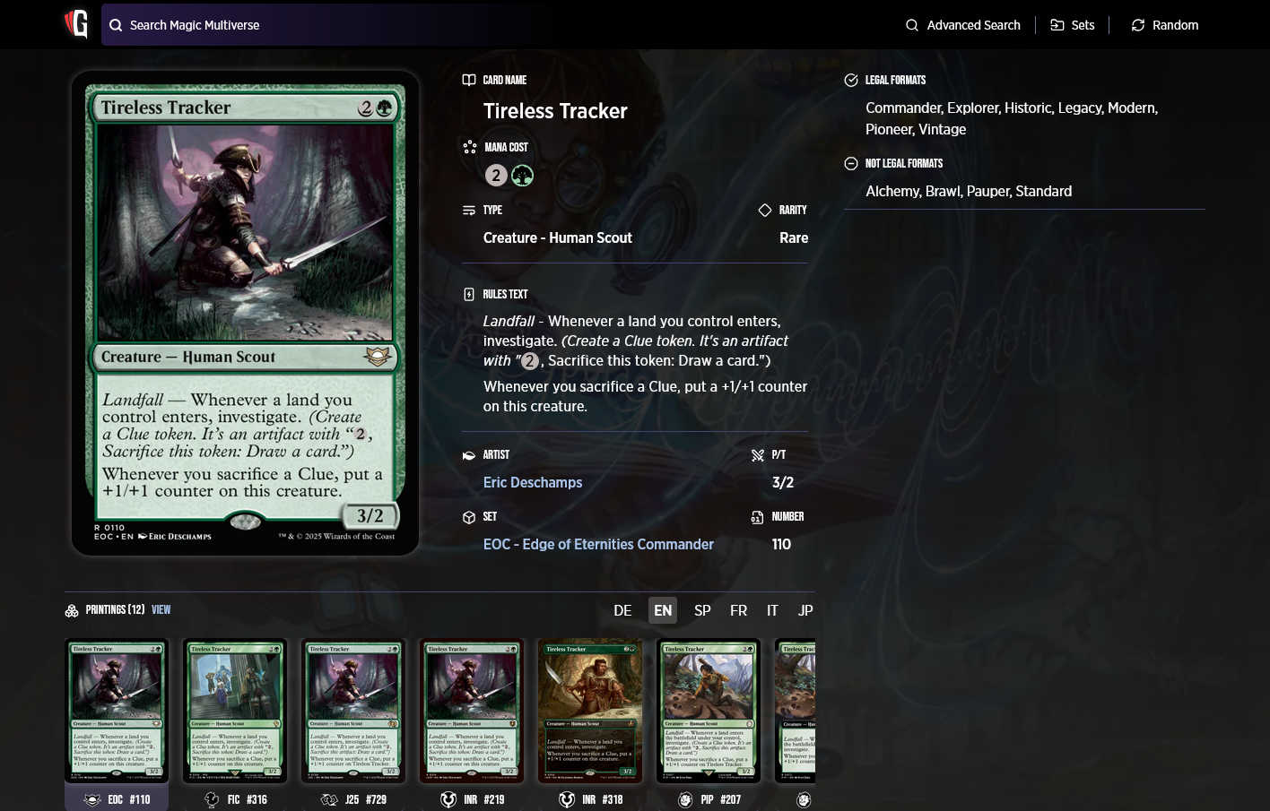 Screenshot of the Gatherer page for Tireless Tracker. Half the reminder text for investigate is un-italicized.