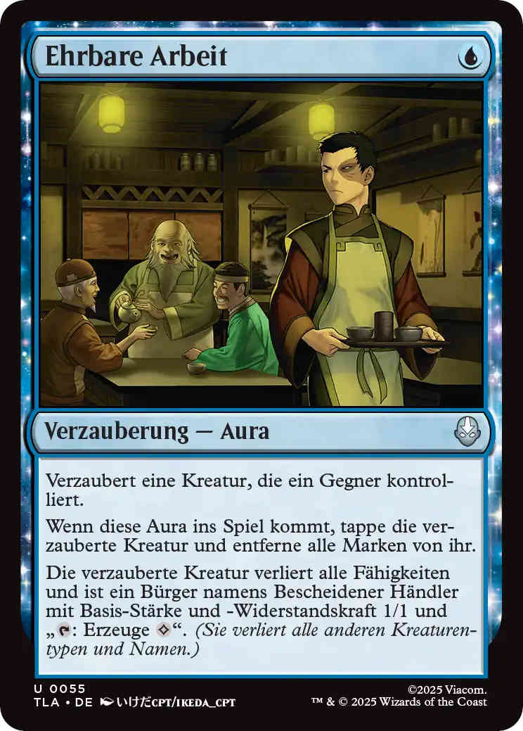 Die dritte Fähigkeit der Ehrbaren Arbeit endet mit "mit Basis-Stärke und -Widerstandskraft 1/1 und '{T}: Erzeuge {C}'."