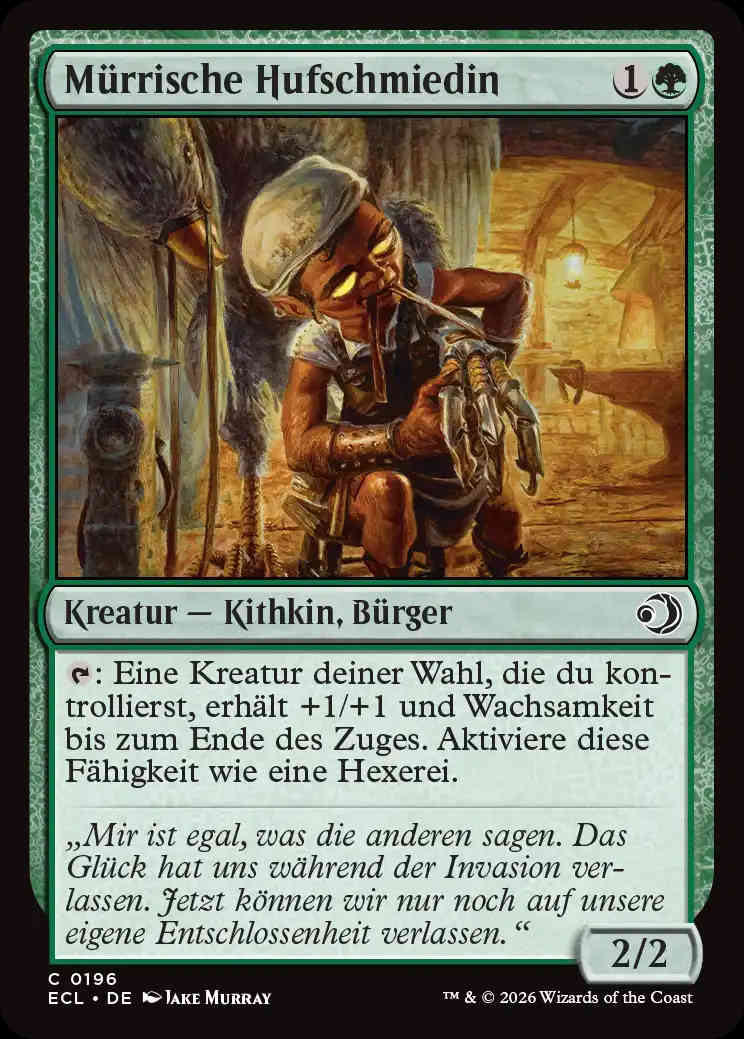 Der letzte Satz des Anekdotentexts der Mürrischen Hufschmiedin lautet: "Jetzt können wir nur noch auf unsere eigene Entschlossenheit verlassen."