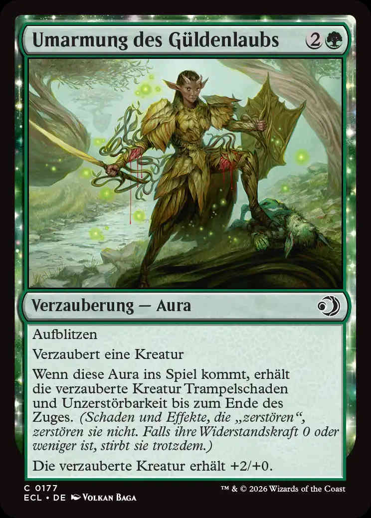 Der Regeltext der Umarmung des Güldenlaubs enthält den Satzteil "Wenn diese Aura ins Spiel kommt, erhält die verzauberte Kreatur Trampelschaden".