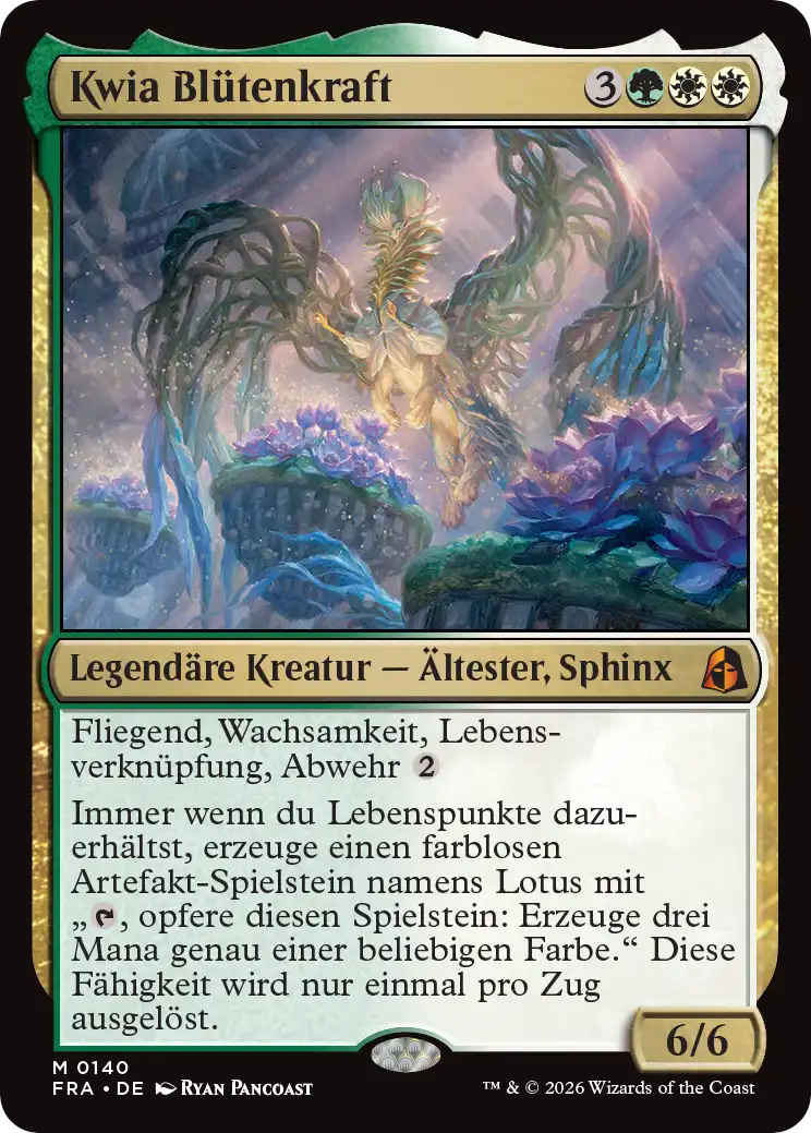 Die letzte Fähigkeit von Kwia Blütenkraft lautet: „Immer wenn du Lebenspunkte dazuerhältst, erzeuge einen farblosen Artefakt-Spielstein namens Lotus mit ‚{T}, opfere diesen Spielstein: Erzeuge drei Mana genau einer beliebigen Farbe.‘ Diese Fähigkeit wird nur einmal pro Zug ausgelöst.“