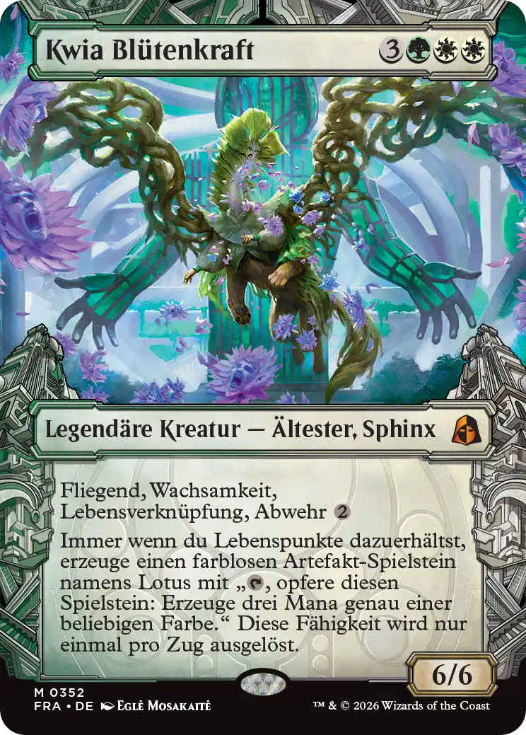 Die letzte Fähigkeit von Kwia Blütenkraft lautet: „Immer wenn du Lebenspunkte dazuerhältst, erzeuge einen farblosen Artefakt-Spielstein namens Lotus mit ‚{T}, opfere diesen Spielstein: Erzeuge drei Mana genau einer beliebigen Farbe.‘ Diese Fähigkeit wird nur einmal pro Zug ausgelöst.“