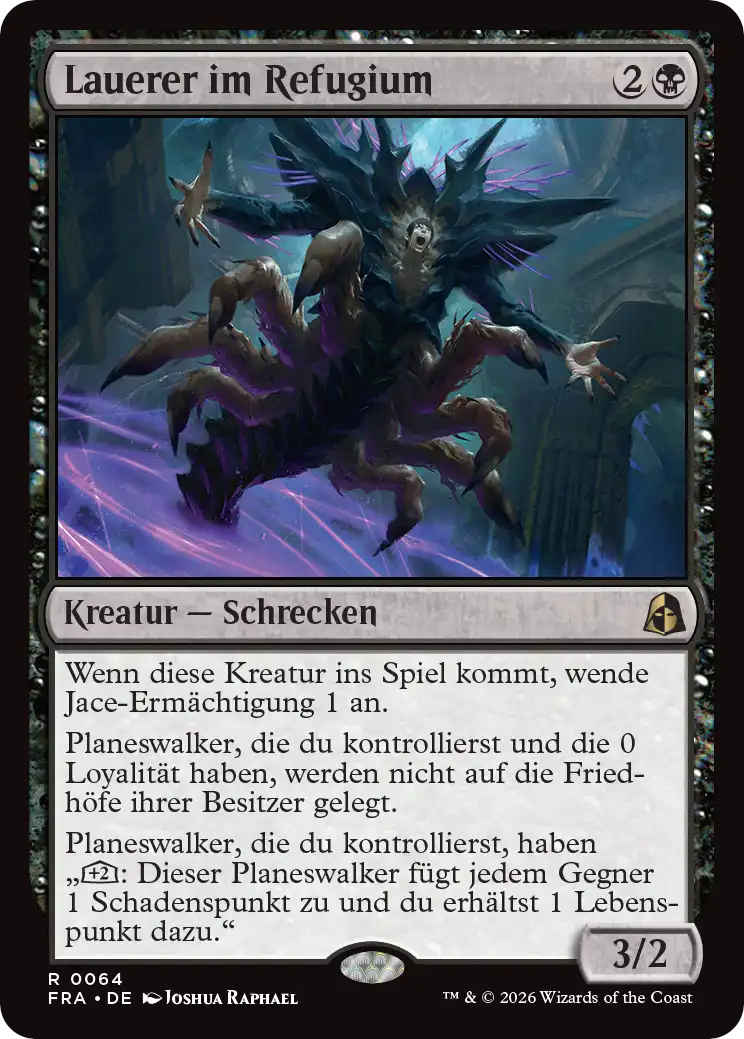 Die zweite Fähigkeit des Lauerers im Refugium lautet: „Planeswalker, die du kontrollierst und die 0 Loyalität haben, werden nicht auf die Friedhöfe ihrer Besitzer gelegt.“