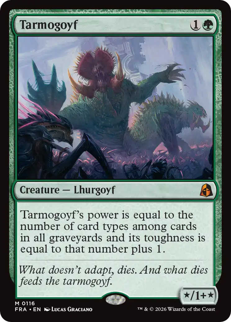 Der englische Regeltext von Tarmogoyf lautet: „Tarmogoyf’s power is equal to the number of card types among cards in all graveyards and its toughness is equal to that number plus 1.“