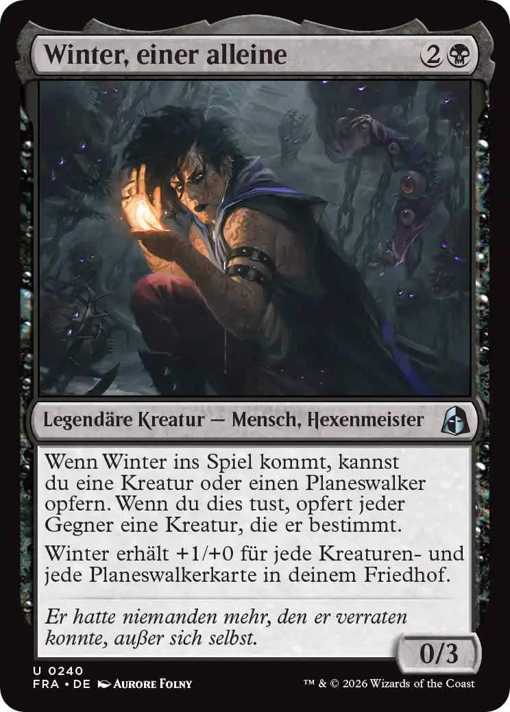 Die zweite Fähigkeit von Winter, einer alleine lautet: „Winter erhält +1/+0 für jede Kreaturen- und jede Planeswalkerkarte in deinem Friedhof.“