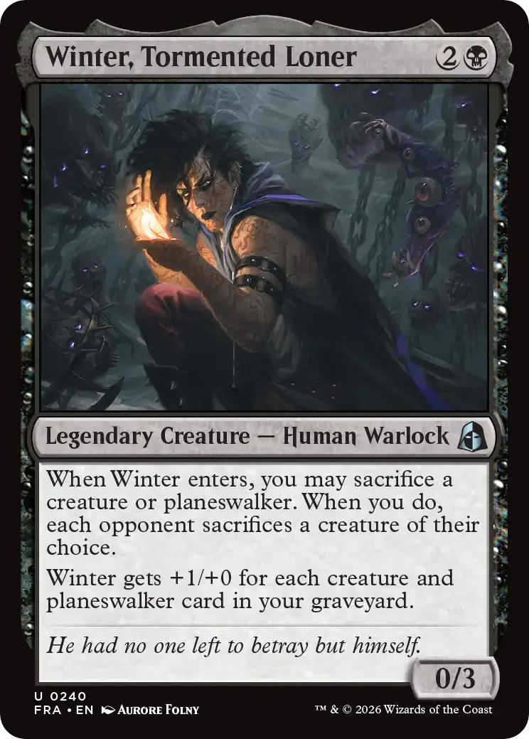 Die zweite Fähigkeit von Winter, Tormented Loser lautet: „Winter gets +1/+0 for each creature and planeswalker card in your graveyard.“
