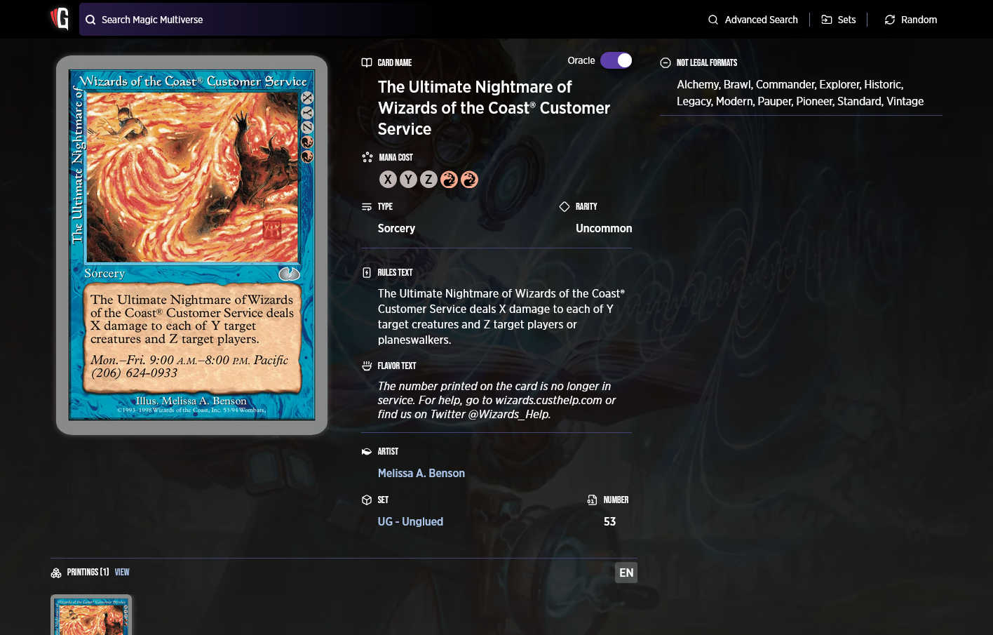 Screenshot of the Gatherer page for The Ultimate Nightmare of Wizards of the Coast® Customer Service. The flavor text lists a dead link and a Twitter handle.